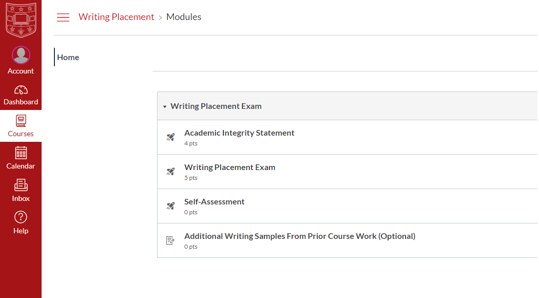 the Writing Placement home page in Canvas has one module with four assignments