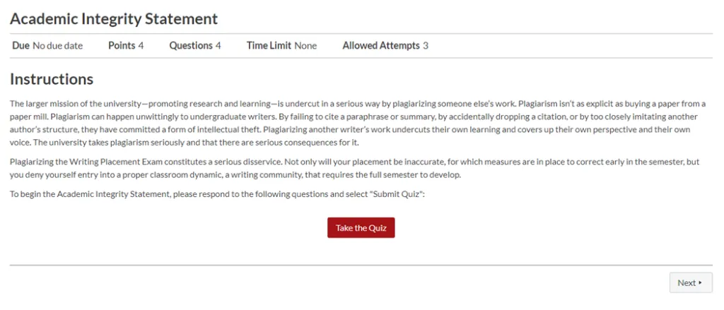 the Academic Integrity assignment has a button under the instructions to 