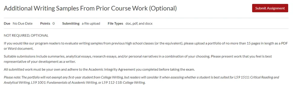 the Additional Writing Samples assignment has a button next to the title to 